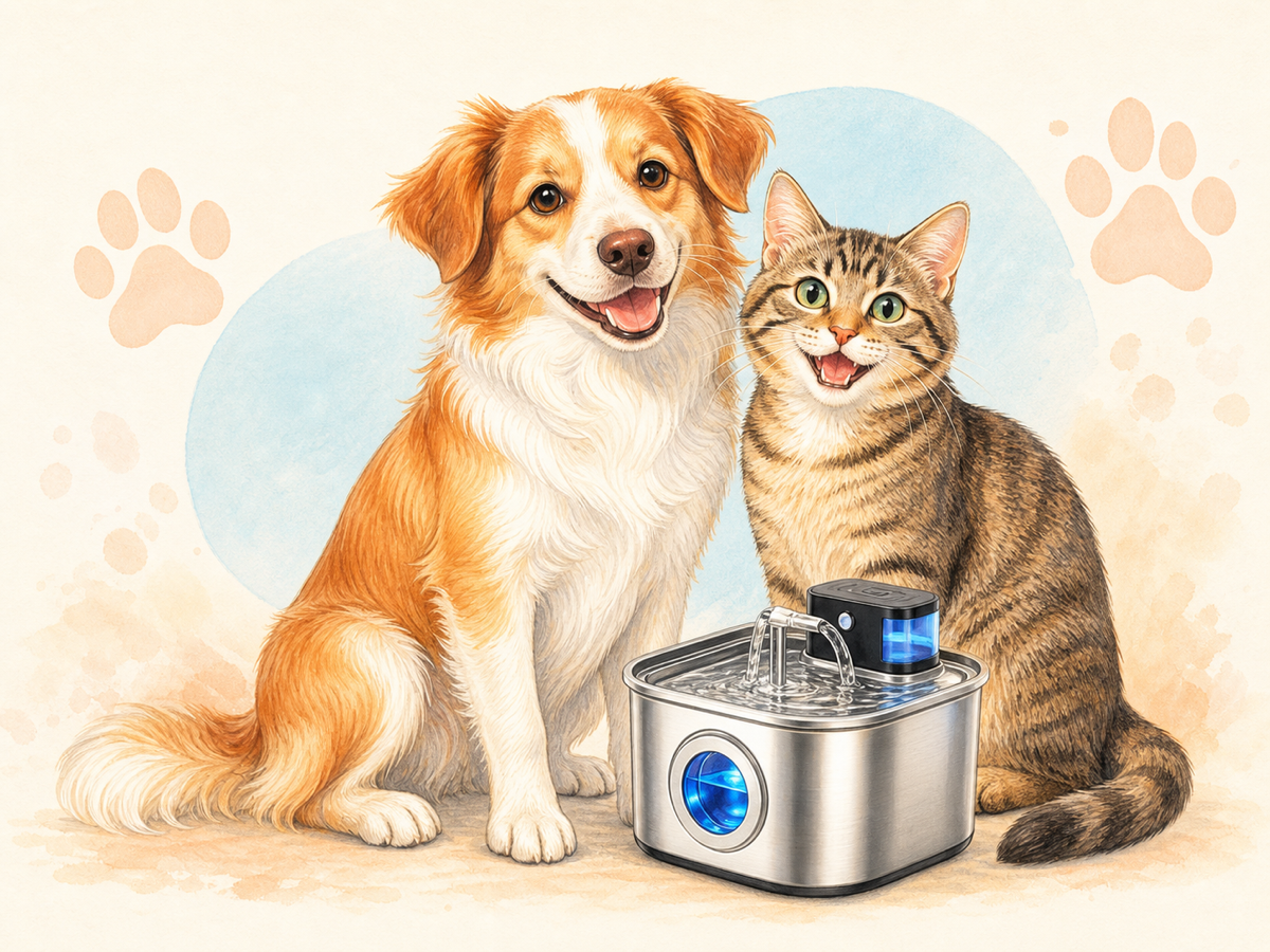 An illustrated dog and cat beside a JoviPawzy pet water fountain